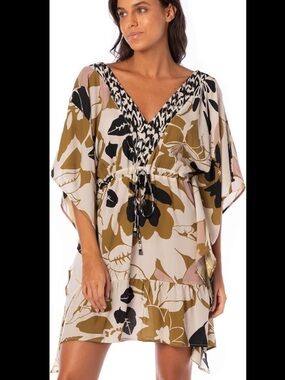 Maaji Olive Green and Black Floral Kaftan Cover-Up